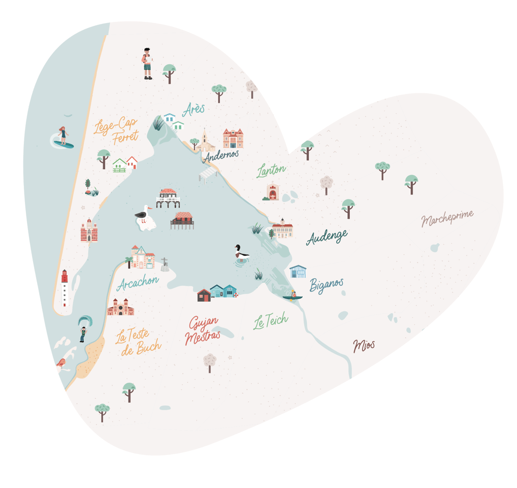 Carte illustrée du Bassin d'Arcachon représentant les différentes communes