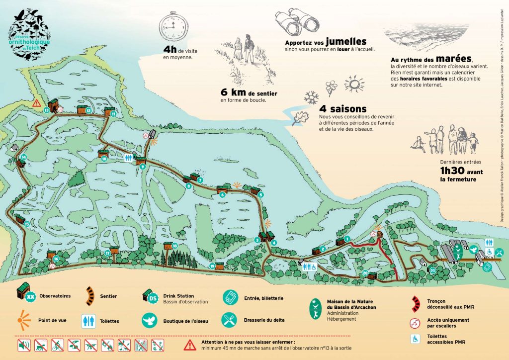 Plan détaillé et illustré des différents sentiers et équipements de la Réserve Ornithologique du Teich