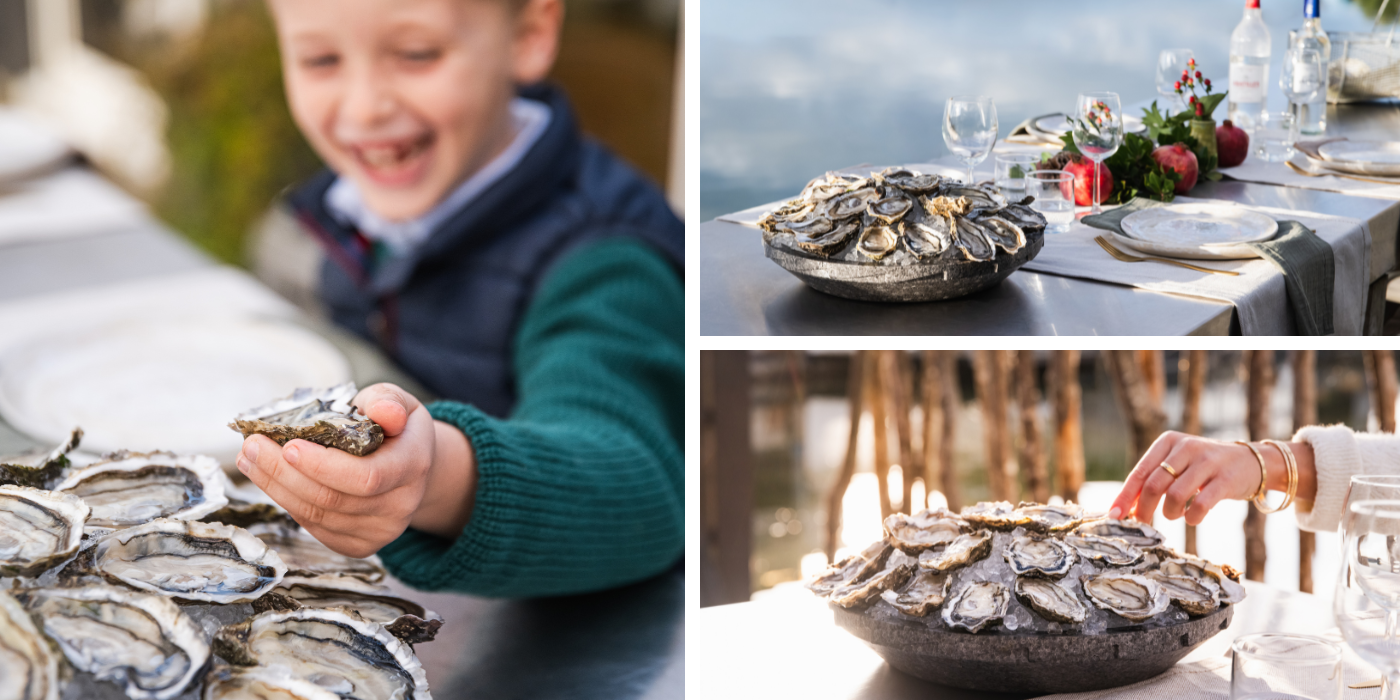 Montaggio di 3 foto in cui si vedono delle ostriche su un tavolo, un bambino che ne tiene una in mano e una mano di donna che ne prende una.